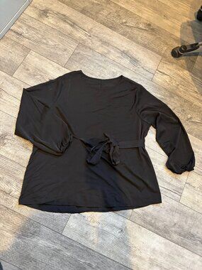 Womens Long Sleeve Plain Solid Black Blouse Ties in Front 2XL Polyester
